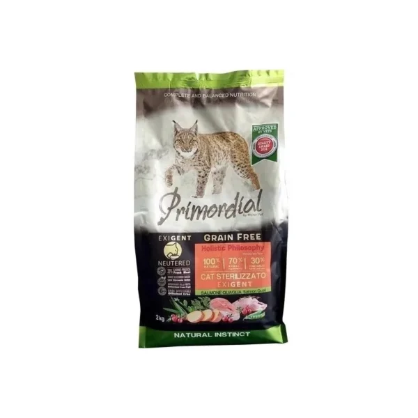 PRIMORDIAL EXIGENT pour chat Adulte stérilisés Saumon et caille 2kg -
